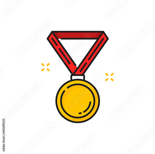 Award ribbon gold medal on red stripe, isolated line golden trophy icon. Vector boxing, fighting, wrestling achievement winner golden medal prize