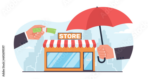 Concept of supporting small businesses, hand giving money to small store owners, hand holding an umbrella as symbol of protection. Subsidies from bank and state. Vector cartoon flat illustration