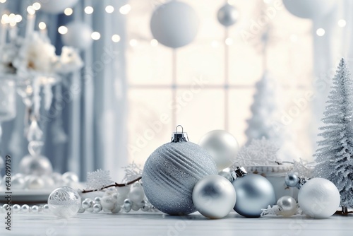 Christmas background with silver Christmas balls, decorations, and a Christmas tree. Winter holiday background. Generative AI.