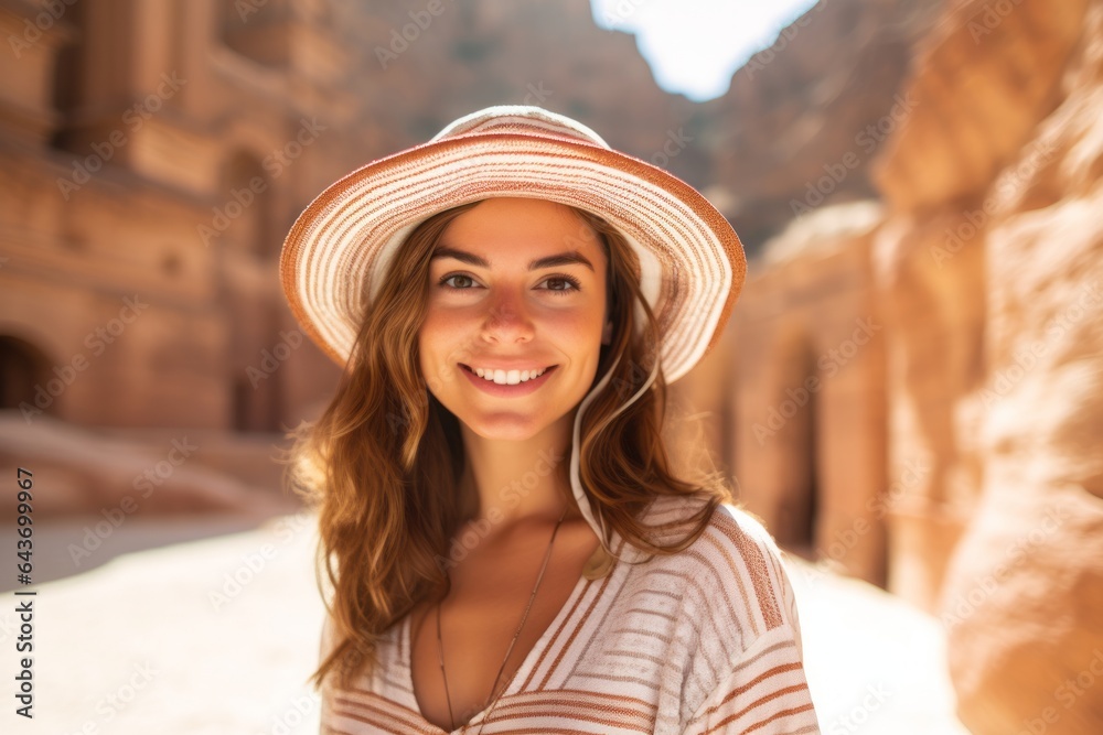 Medium shot portrait photography of a happy girl in his 30s wearing a whimsical sunhat at the petra in maan jordan. With generative AI technology