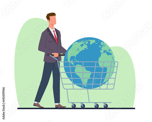 Consumer society, businessman is driving planet Earth into shopping cart. World trade. Business opportunity, global market, ecommerce, international retail cartoon flat vector illustration