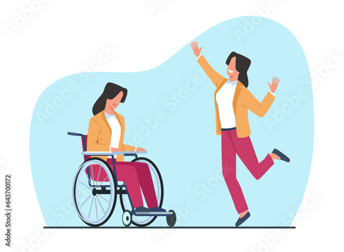 Girl got up from her wheelchair as result of treatment and rehabilitation. Sad woman after disaster and happy jumping character. Cartoon flat isolated vector concept
