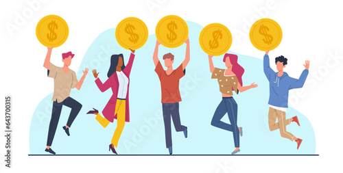 Happy young boys and girls jumping around with gold coins in their hands. Earning a salary or income. Men and women hold huge money. Cartoon flat style isolated illustration, vector concept