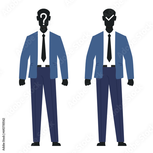 Male anonymous, unknown faceless user, incognito business person with question and check mark on face. Businessman profile avatar. Human body. Cartoon flat style isolated vector concept