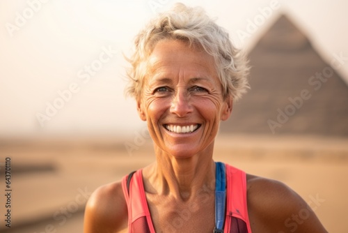 Headshot portrait photography of a grinning mature woman wearing a stylish sports bra at the pyramids of giza egypt. With generative AI technology © Markus Schröder