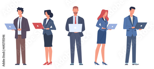 Set of businessman working holding laptops. Men and women in business suits standing and use digital device. Employee works with computers. Vector cartoon flat style isolated technology set