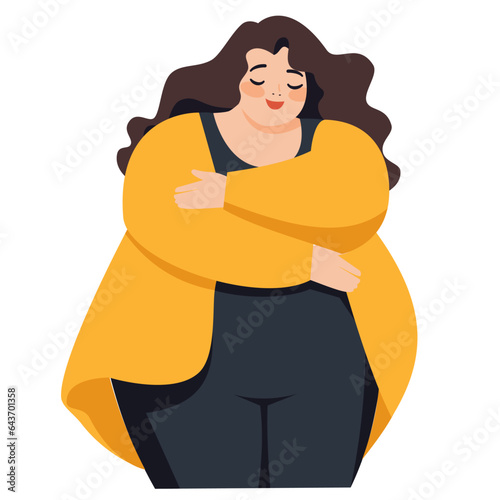 Flat vector illustration. Cute plus size girl hugging herself. Bodypositive and self-love concept. Vector illustration