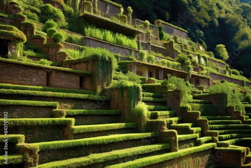 stepped terraces with varying shades of green photo