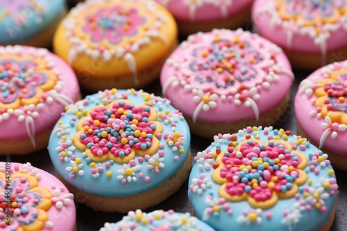 decorated cookies with colorful icing and sprinkles