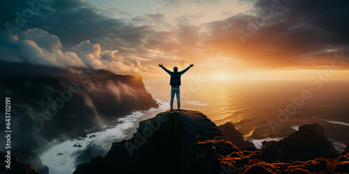 A person celebrating the dawn on the top of a cliff above the sea in the rays of the rising sun