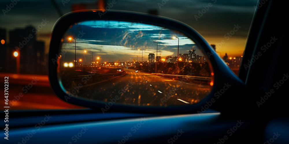 Bright headlights in rear view mirror at dusk