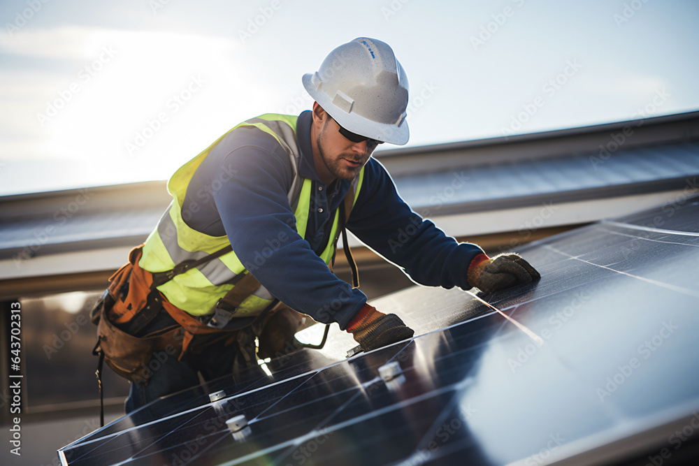 A skilled technician is in the process of meticulously installing a solar cell panel on a rooftop