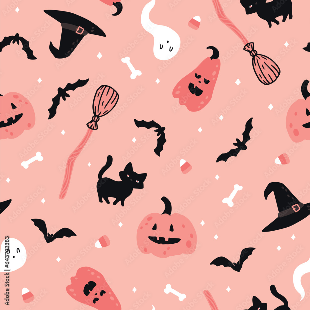 Halloween witch pink seamless pattern. Vector childish illustration of magic elements in simple cartoon hand-drawn style. The limited palette is ideal for kids printing.
