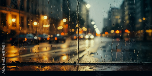 City street viewed through rain covered window