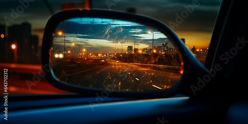 Bright headlights in rear view mirror at dusk
