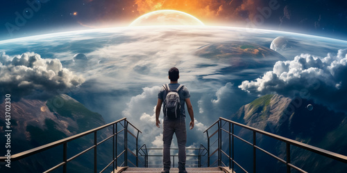 Casual man standing on space platform watching planet Earth