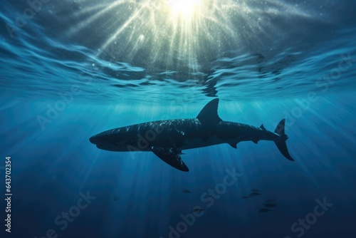 great white shark silhouette against sunlit ocean surface © altitudevisual