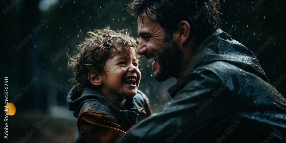 Father and son having fun on rainy day