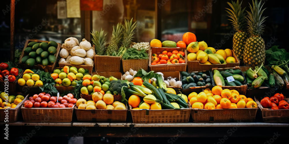 Fruits And Vegetables For Sale At Market Stall