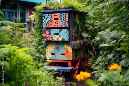 painted bug hotel in creative design among plants