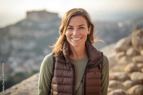 Lifestyle portrait photography of a joyful girl in her 40s wearing a thermal insulation vest at the acropolis in athens greece. With generative AI technology