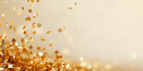 Many flying golden confetti on beige background. Festive backdrop for your products presentation. Copy space for your design