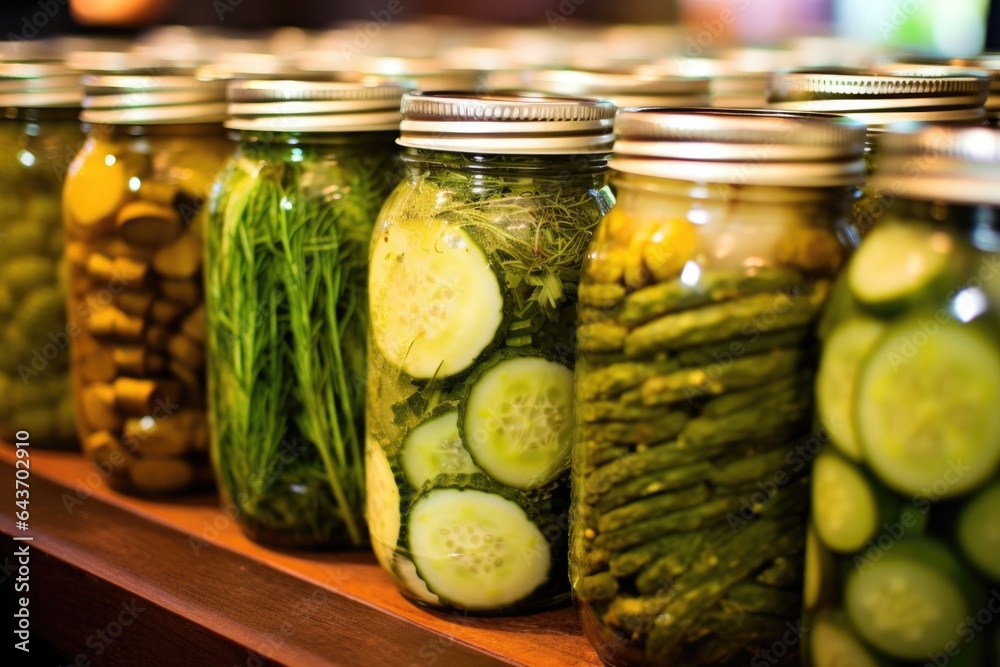 close-up of freshly canned pickles in mason jars close-up of freshly canned pickles in mason jars