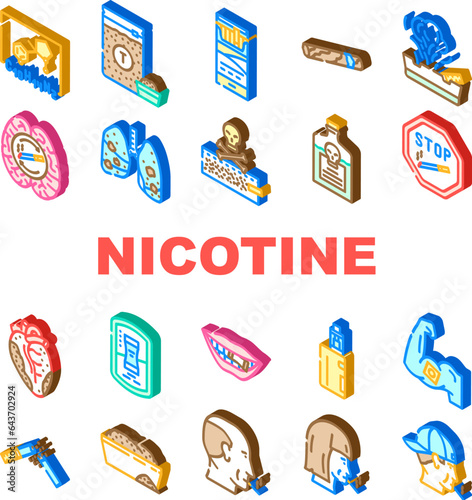 nicotine tobacco unhealthy icons set vector. health product, danger snus, chemical pouch, box lifestyle, cigarette smoking nicotine tobacco unhealthy isometric sign illustrations