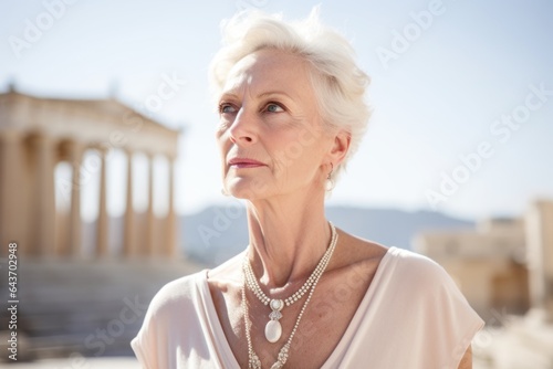 Conceptual portrait photography of a merry mature woman wearing a delicate necklace at the acropolis in athens greece. With generative AI technology