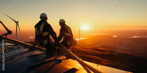 Two rope access technicians working on higher wind turbine blades. sunset