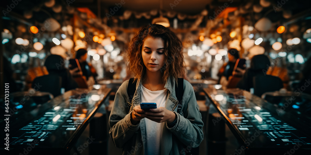 Young woman comparing two smartphones in a shop