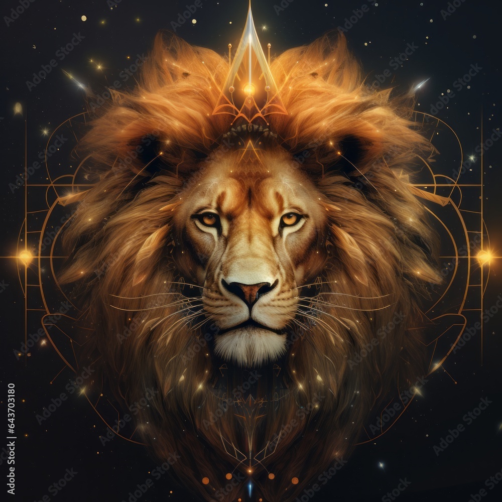 Naklejka premium Leo zodiac sign illustration. Bright art of a lion, esoteric belief. Astrology and horoscopes concept. Leo, sun zodiac sign depiction with a circular ornament. Vector Illustration.