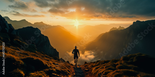 Young man runs on mountain ridge at sunrise