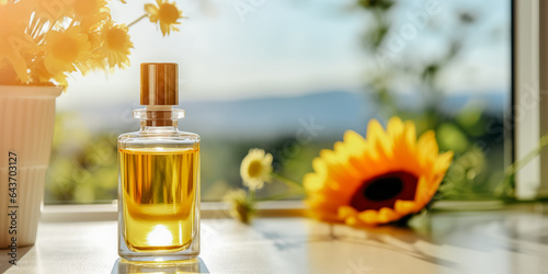 A Bottle of Fashion Perfume  Beauty Cosmetic Product Face Serum or Essential Oil  Sunflowers in vase in home interior background with sky view in window