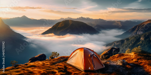 A camping tent on top of a mountain