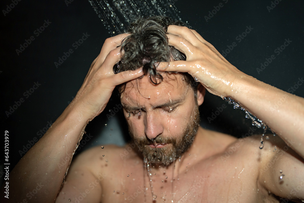 Man Washing Hair Closeup Portrait Bathing Shower Washing Hair Head In