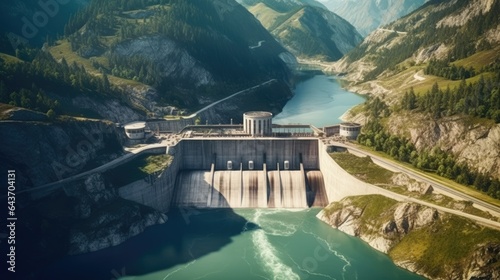 Aerial view of hydroelectric power stationAerial view from drone .banner, ai generative 