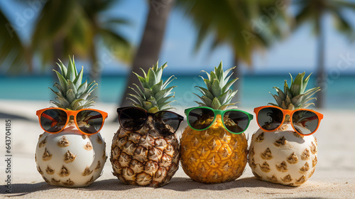 A group of stylish and modern pineapples in sunglasses on the beach by the sea.