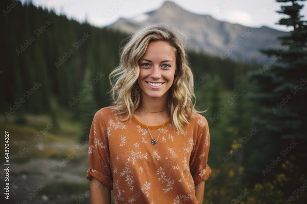 Environmental portrait photography of a satisfied girl in his 30s wearing a trendy cropped top at the banff national park in alberta canada. With generative AI technology