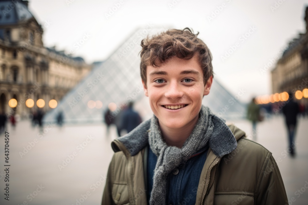 Close-up portrait photography of a grinning boy in his 30s wearing a dramatic choker necklace at the louvre museum in paris france. With generative AI technology Close-up portrait photography of a grinning boy in his 30s wearing a dramatic choker necklace at the louvre museum in paris france. With generative AI technology