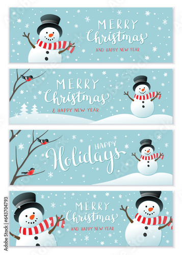 Winter holidays or Christmas background with snowman and snowflakes. Winter horizontal banner design collection.