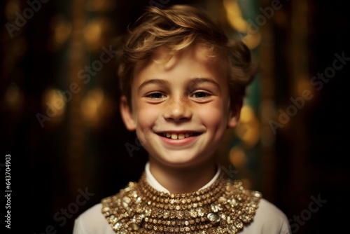 Medium shot portrait photography of a cheerful boy in his 20s wearing a stunning statement necklace at the buckingham palace in london england. With generative AI technology