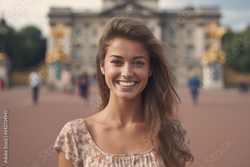 Medium shot portrait photography of a happy girl in her 20s wearing a trendy cropped top at the buckingham palace in london england. With generative AI technology