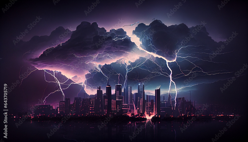 The concept of natural disasters and changes in the weather environment, lightning strikes in the city.