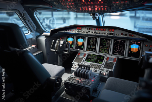 Pilot flight deck in civil airplane. Plane cockpit interior with control panel. Airplane cabin with dashboard and pilot seats