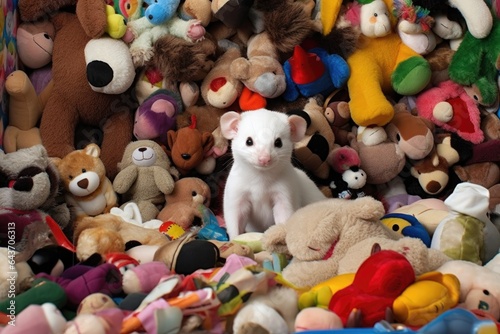 ferret playfully hoarding stuffed animals