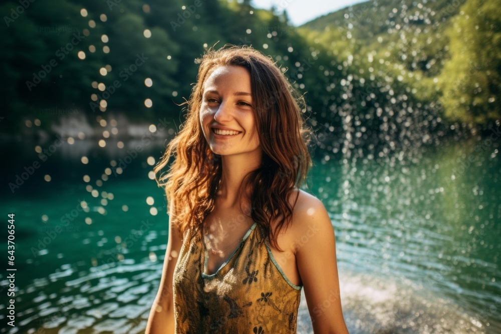 Environmental portrait photography of a joyful girl in his 30s wearing a glamorous sequin top at the plitvice lakes national park croatia. With generative AI technology Environmental portrait photography of a joyful girl in his 30s wearing a glamorous sequin top at the plitvice lakes national park croatia. With generative AI technology
