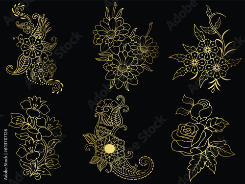 Golden vintage floral elements art deco style decoration. 