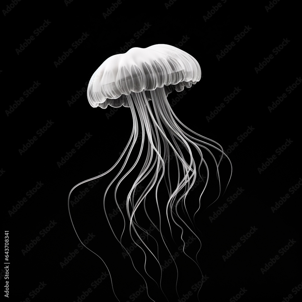 Black and white illustration of a jellyfish swimming on a plain background. Minimalist style. 3d rendering. Black and white illustration of a jellyfish swimming on a plain background. Minimalist style. 3d rendering.