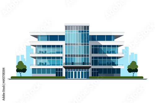 Building with blue windows, a cobbled facade and trees against the backdrop of the city. Modern office building, business center, headquarters. Vector illustration.